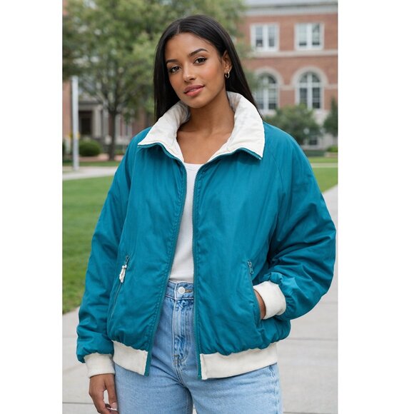 Arizona Jean Company Jackets & Blazers - Vintage 90s Y2K Women's Medium Teal and White Reversible Puffer Bomber Jacket
